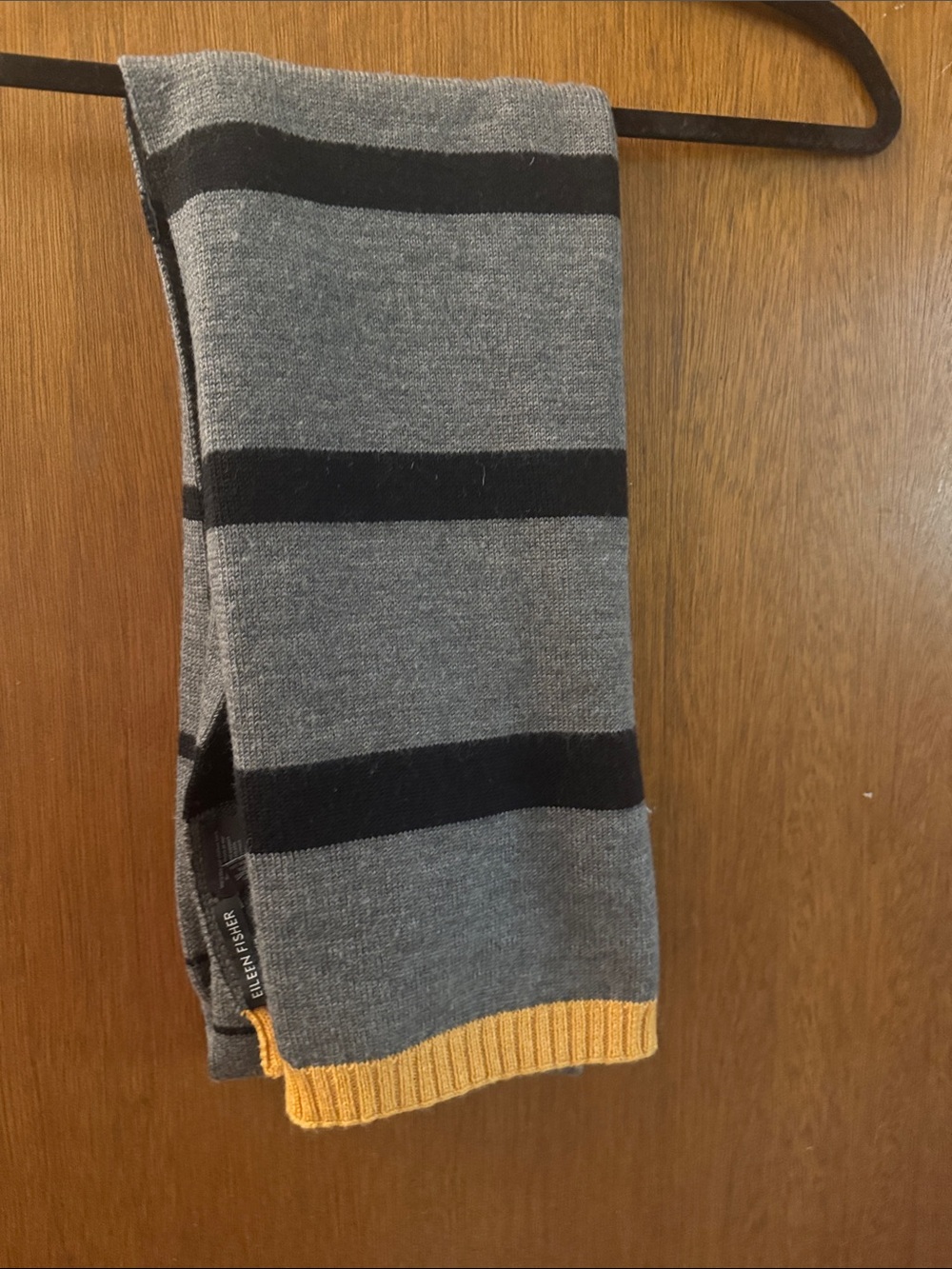 Eileen Fisher Gray and Black 100% Merinowool Striped Knit Scarf with Yellow Edge